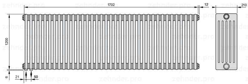 Схема (чертеж) Радиатор Zehnder Charleston 6120/37 №3370 Белый глянцевый RAL 9016
